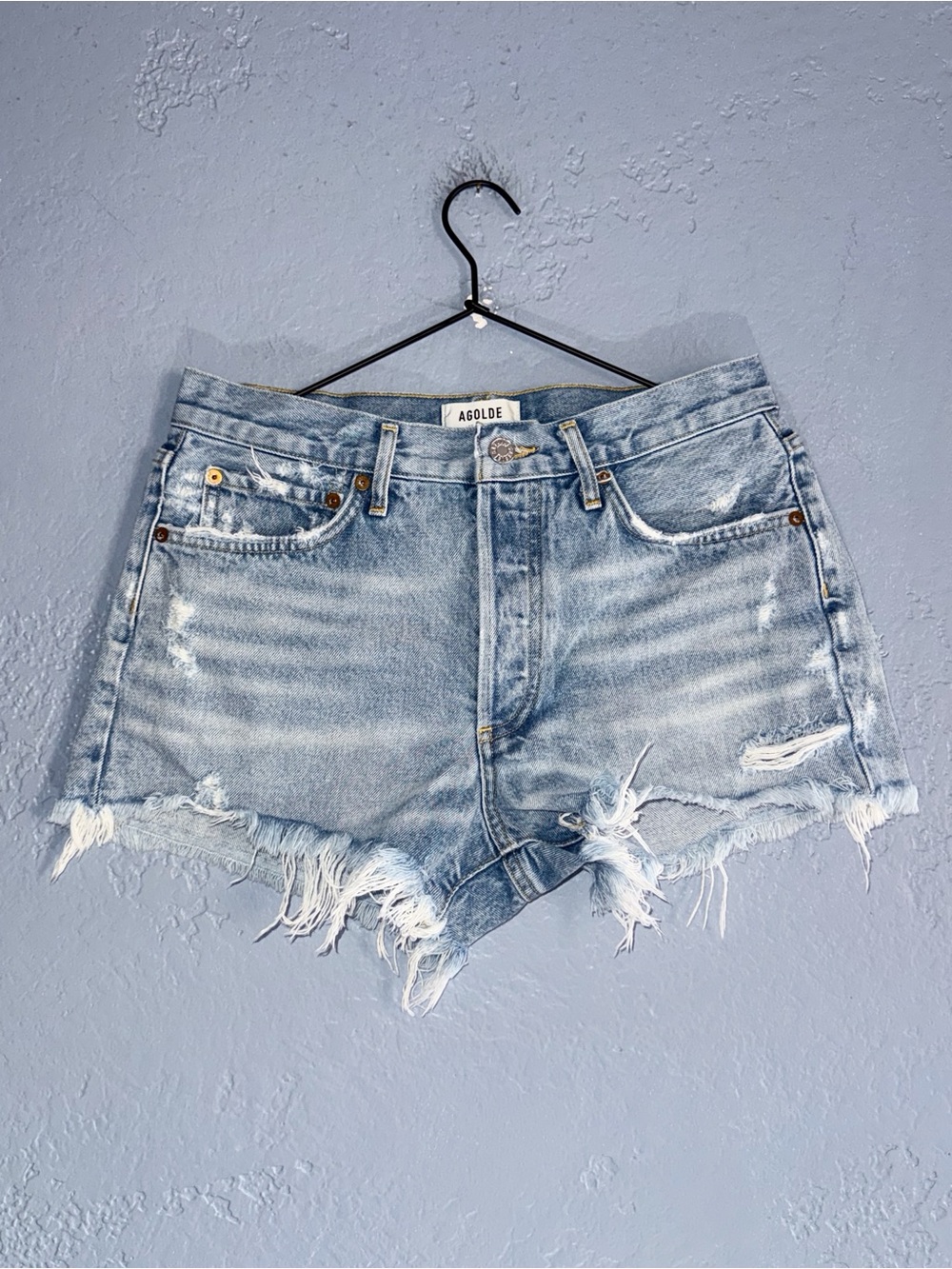 AGOLDE Parker Light Blue Distressed Denim Shorts Size 27
